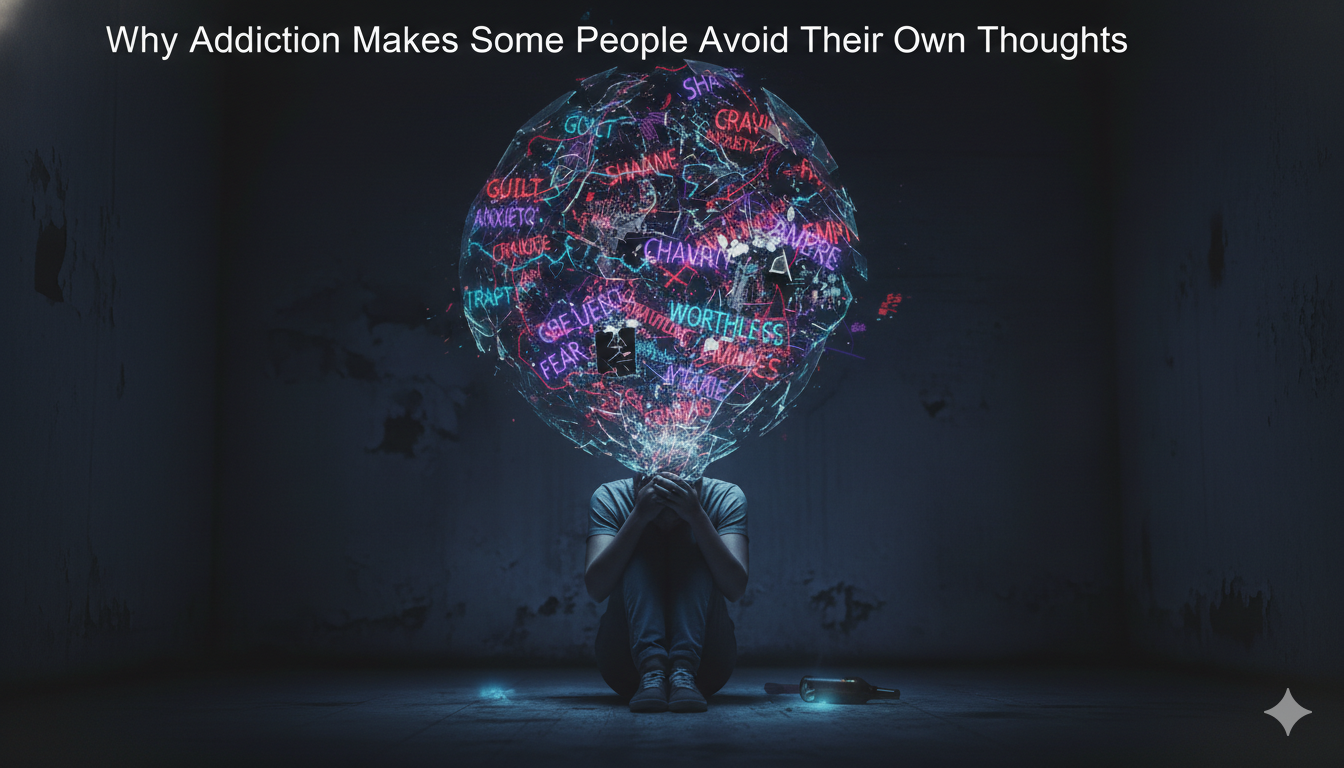 Person trying to avoid their own thoughts during addiction