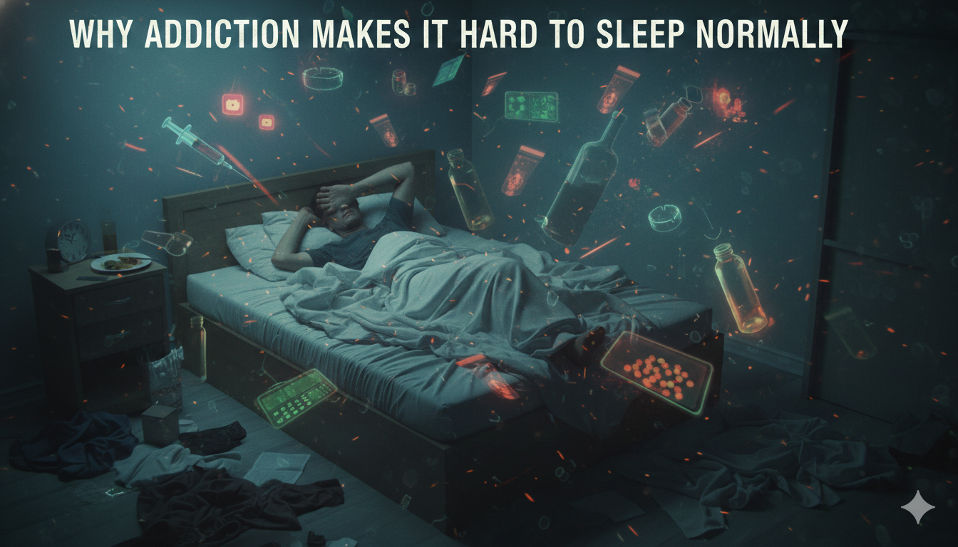 Person struggling to sleep normally during addiction and recovery