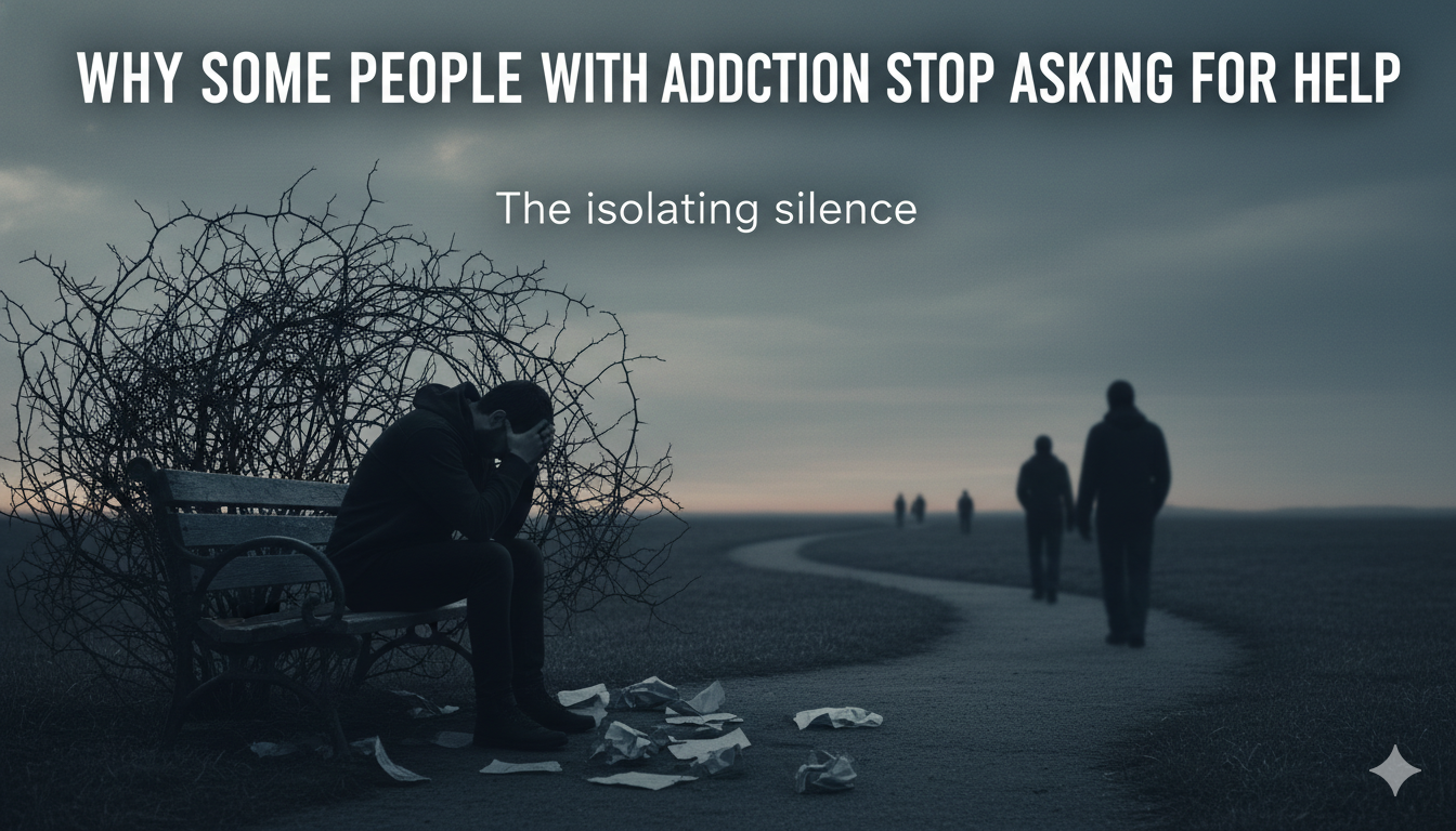 Emotionally exhausted person struggling to ask for help during addiction