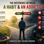 Visual comparison showing the difference between a habit and an addiction, including control, consequences, and daily life impact