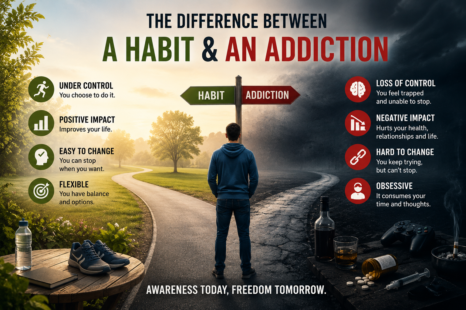Visual comparison showing the difference between a habit and an addiction, including control, consequences, and daily life impact