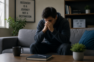 Individual struggling emotionally during addiction recovery