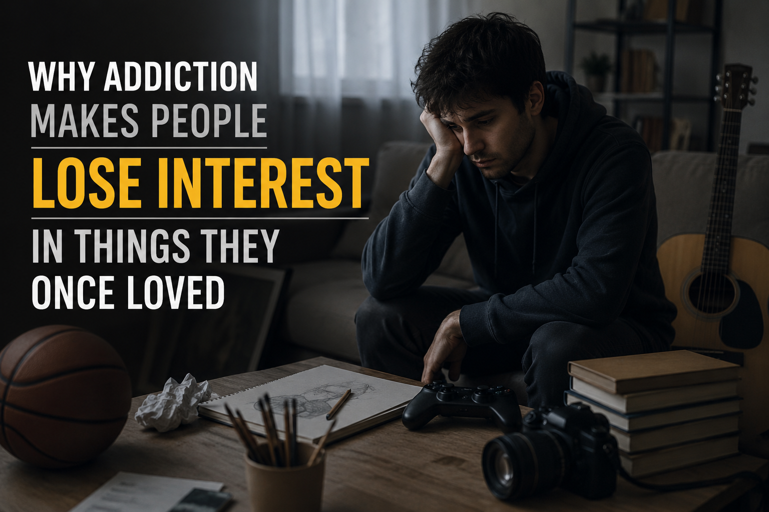 Person losing interest in hobbies and daily life during addiction