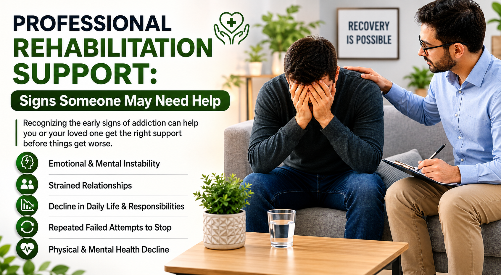 Person receiving professional rehabilitation support during addiction recovery