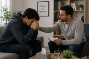 Therapist supporting an individual during relapse recovery counseling