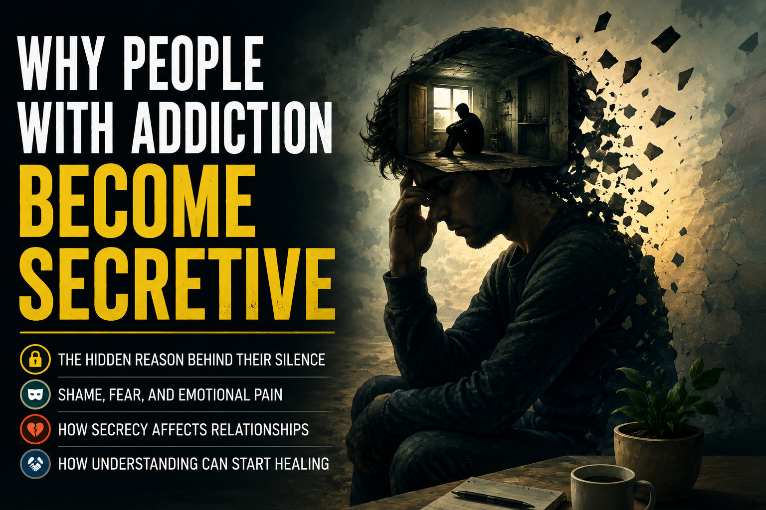 Person struggling with hidden addiction while becoming emotionally withdrawn and secretive