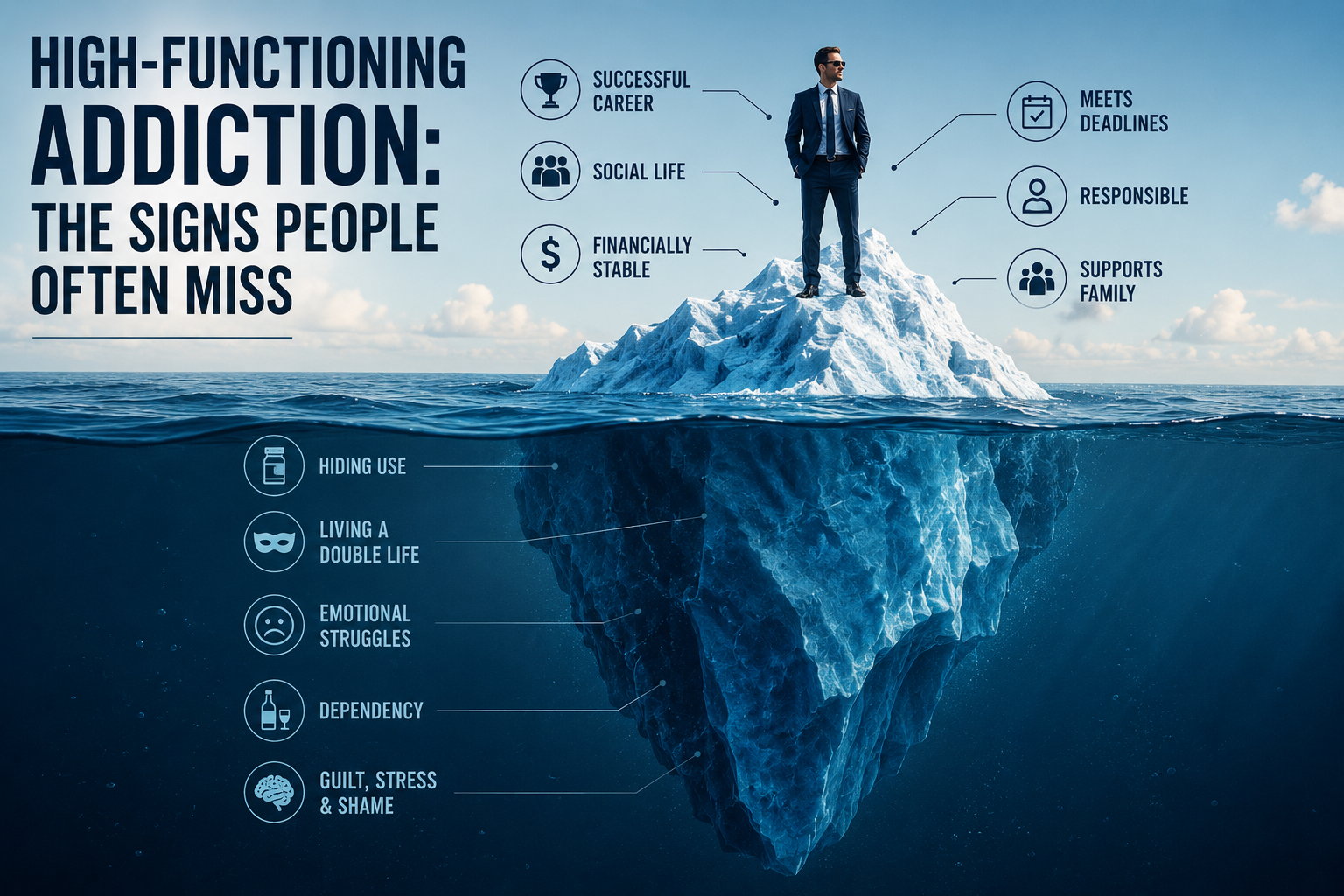 Iceberg illustration showing high-functioning addiction with visible success above the surface and hidden struggles below