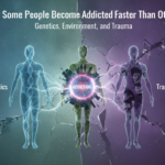Illustration showing how genetics, environment, and trauma can increase a person's risk of developing addiction.