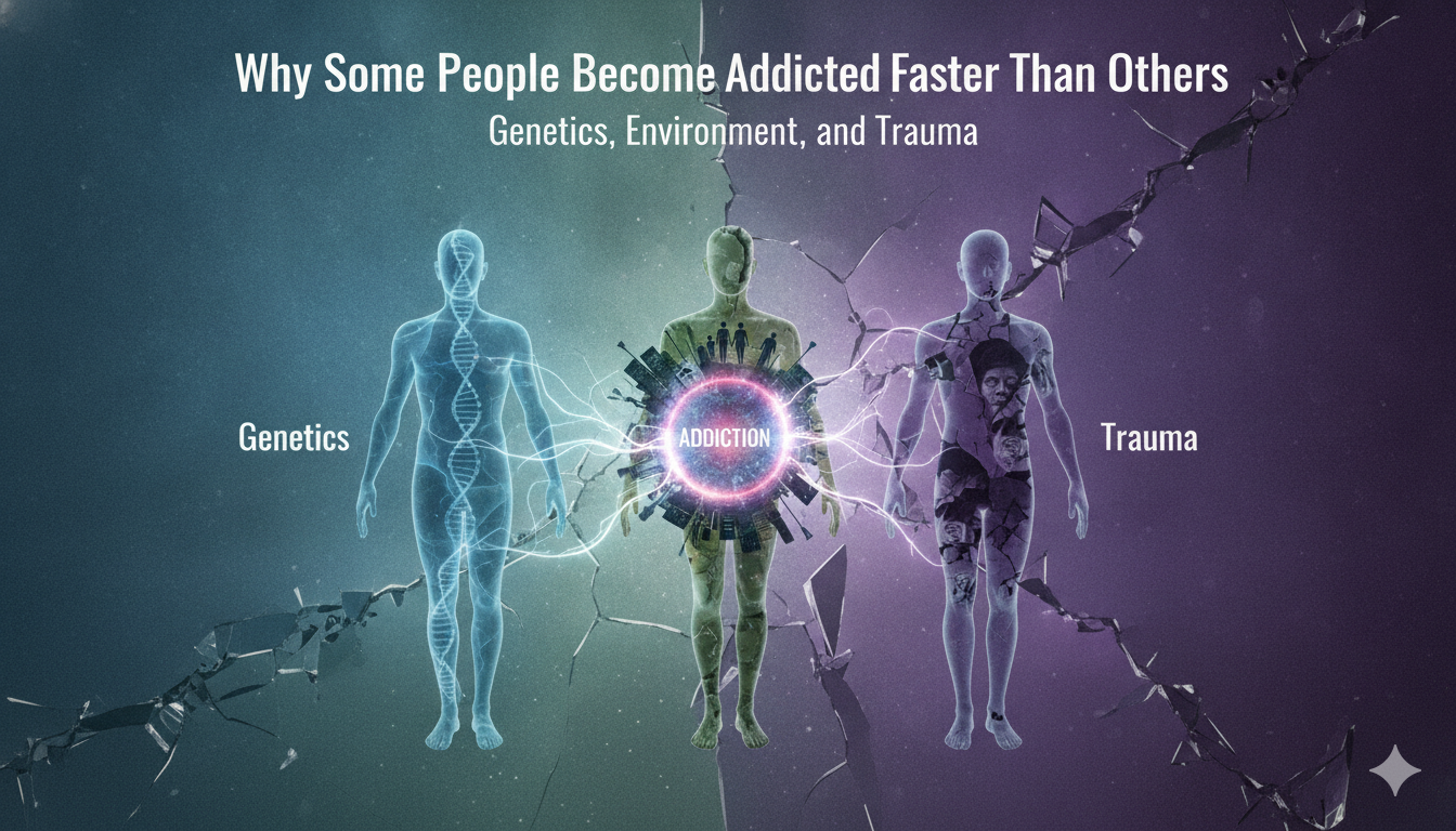 Illustration showing how genetics, environment, and trauma can increase a person's risk of developing addiction.