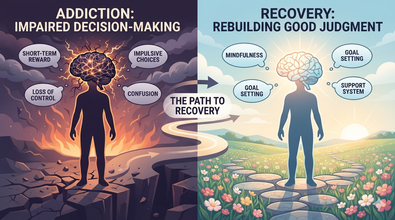 Person in addiction recovery thoughtfully making healthy life decisions with guidance from a counselor.