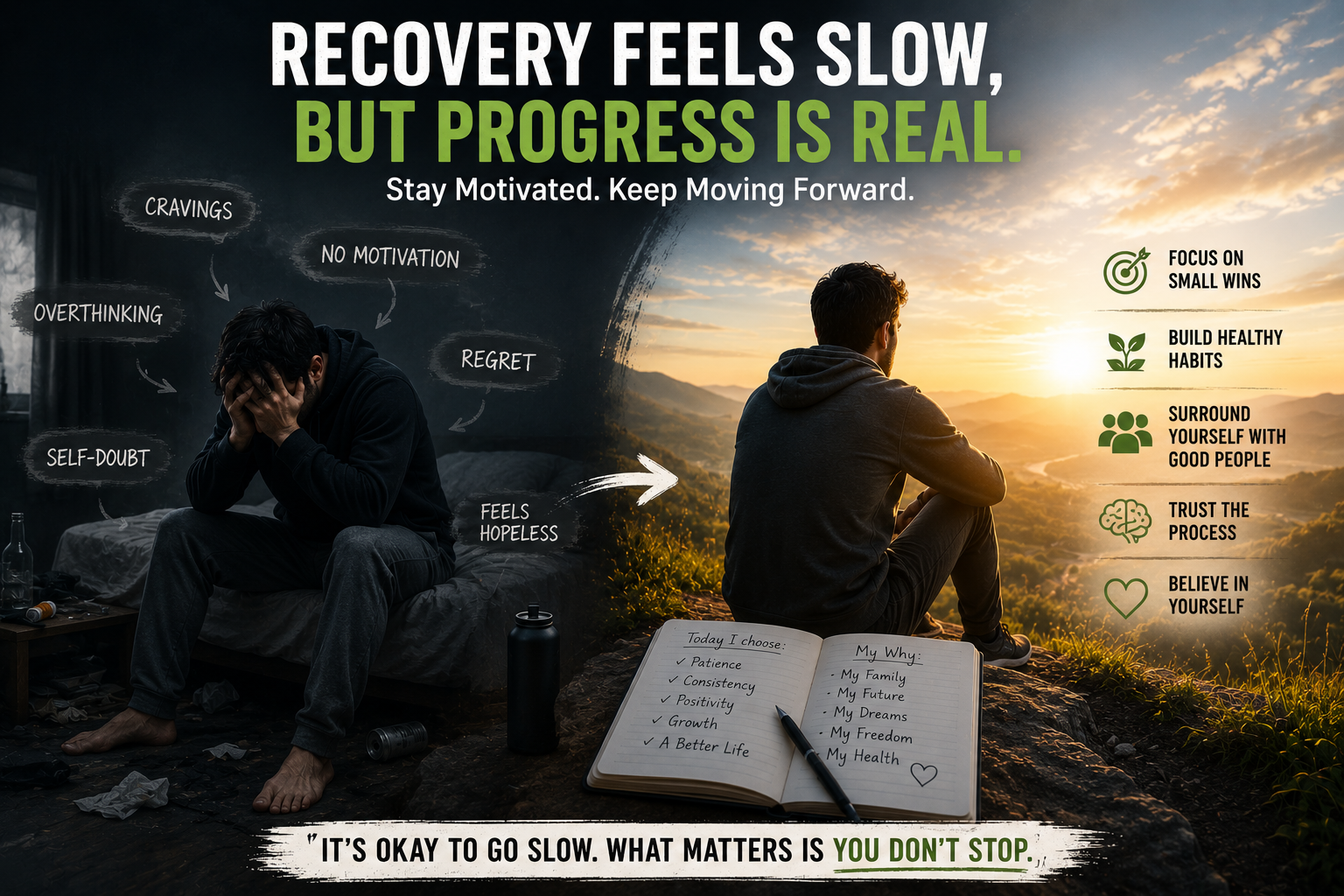 Person walking forward on a long path, symbolizing patience, hope, and motivation during addiction recovery.