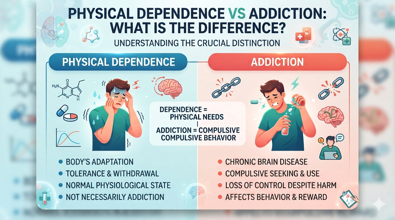 Physical dependence vs addiction explained through substance use and recovery concept